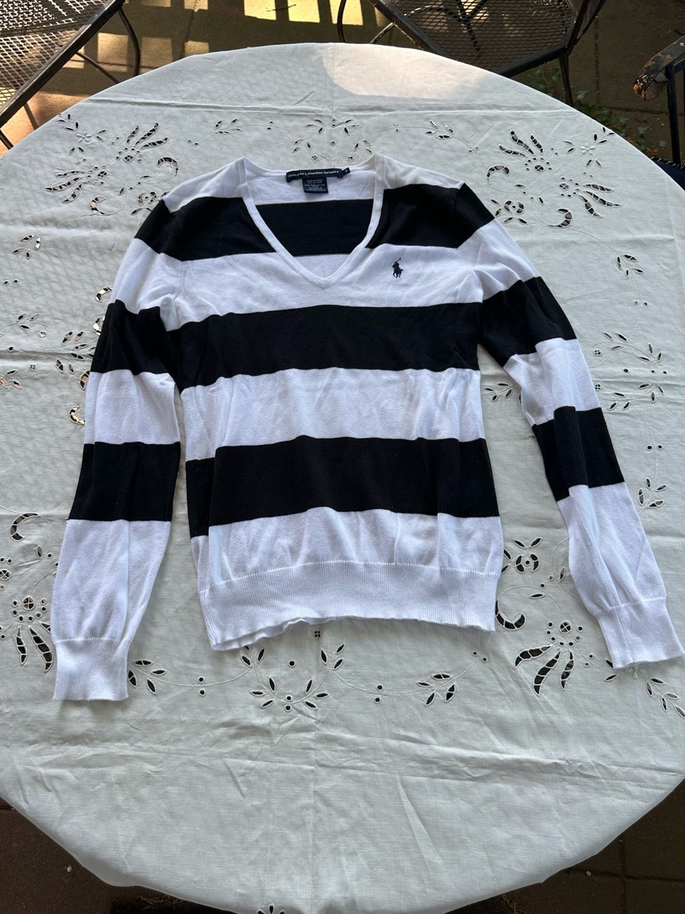 Ralph Lauren Sport Black and White Striped V-Neck Sweater Top